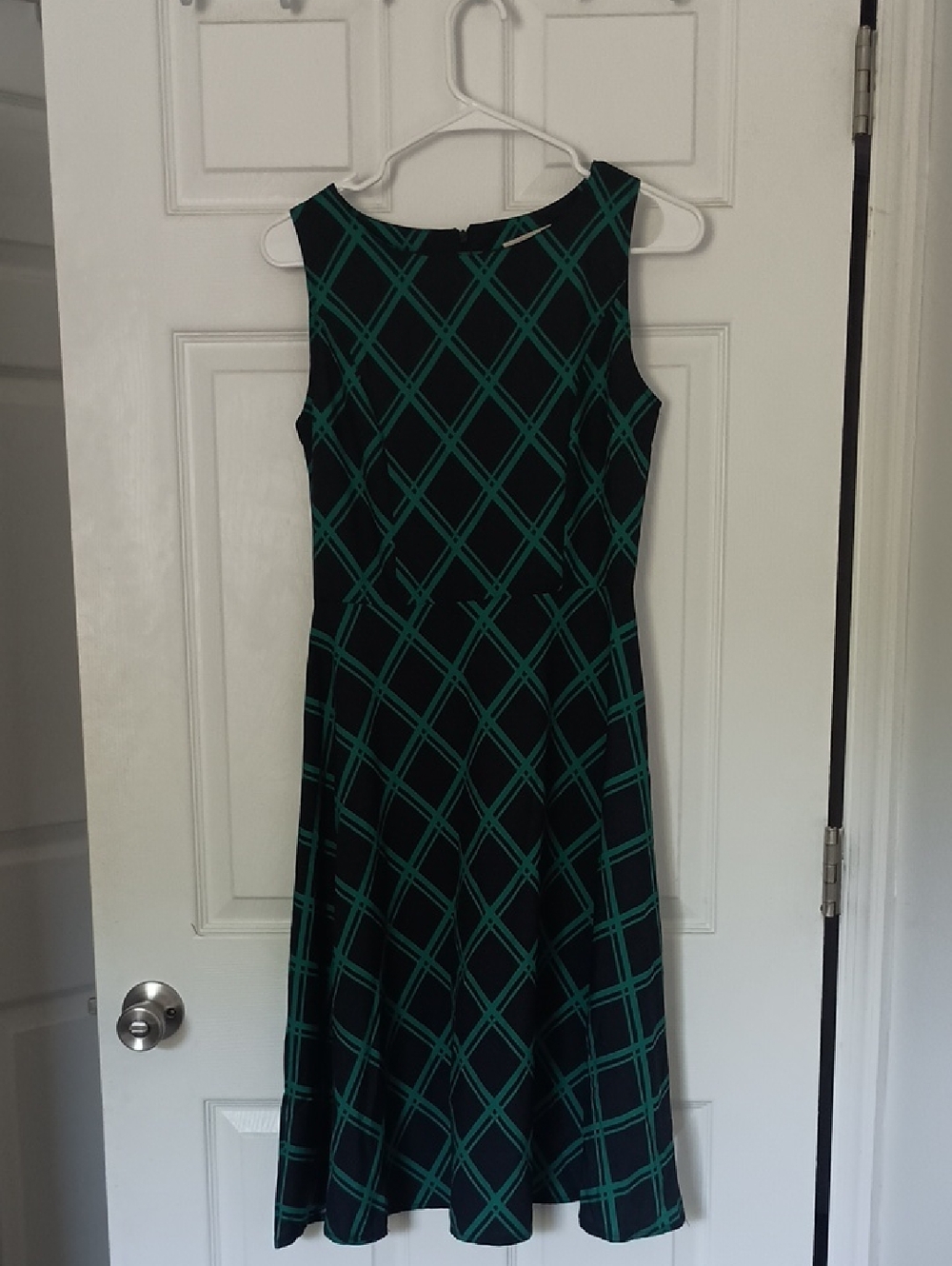 Sleeveless Black and Green Windowpane Fit-and-Flare Dress